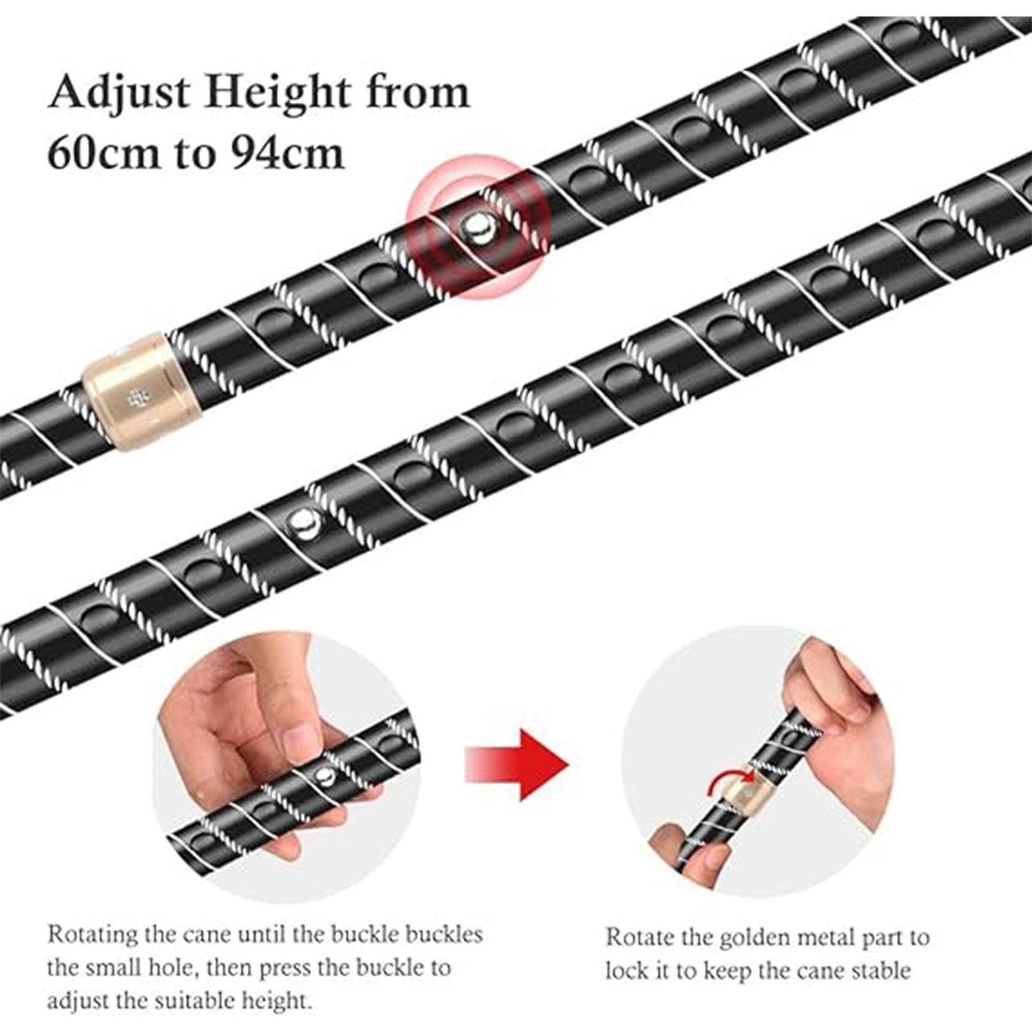 Deluxe Black with Silver Etched Engraved Flecked Stripes Pattern Ladies Adjustable Walking Stick Cane - Lightweight, Easily Adjustable And Retractable