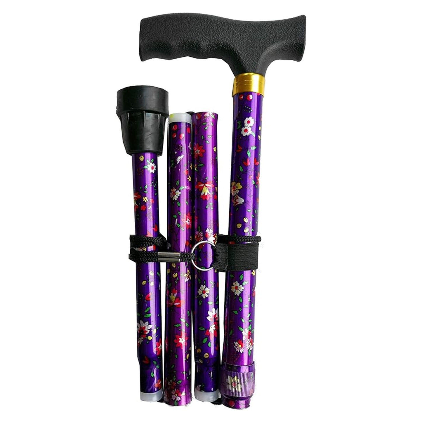 Deluxe Folding Compact 4-part Ladies Walking Stick, Stunning Floral Print with a Unique Ergonomic Easy-Grip Moulded Handle and Adjustable Height Walking Cane for Women - 32.5” – 37”