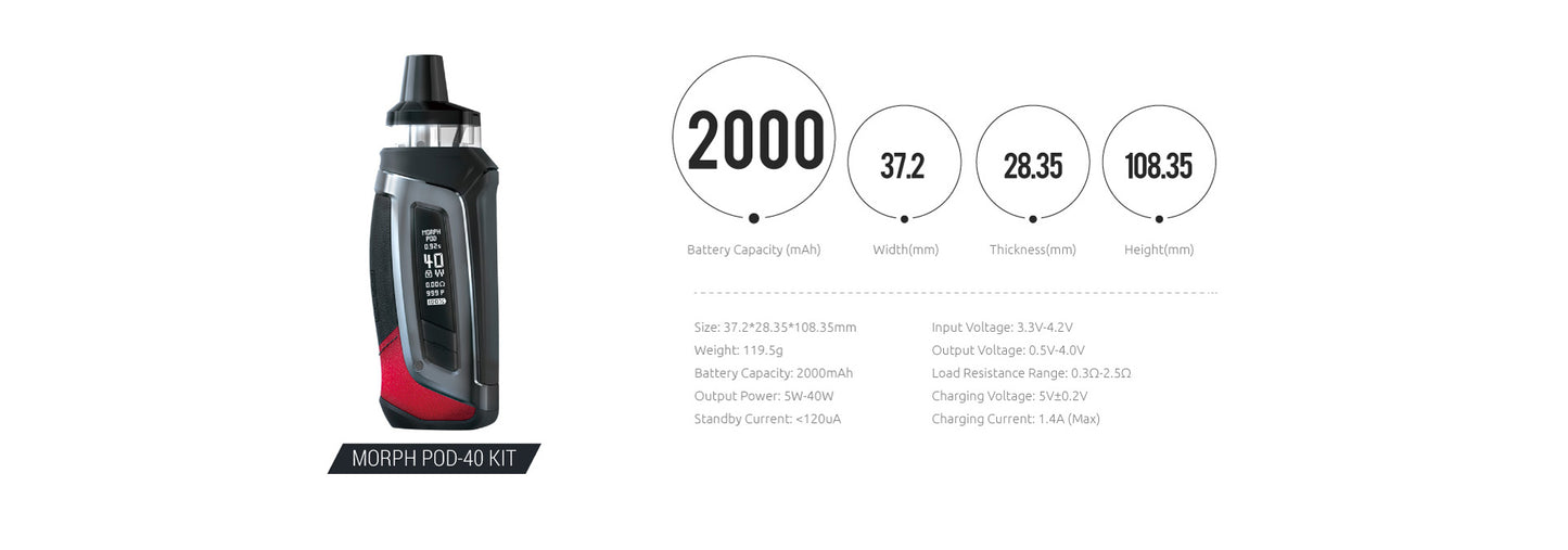 Smok Morph Pod 40 Kit - Discover Power with 5-40W Output Range & 2000mAh Battery