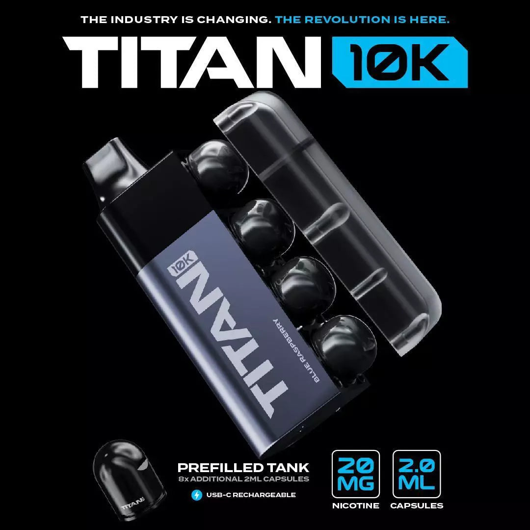 Titan 10K | Pre-Filled Pod Kit | 10,000 Puff | 20mg Nic Salt | 8x 2ml Fruits Flavours Titan 10K | Pre-Filled Pod Kit | 10,000 Puff | 20mg Nic Salt | 8x 2ml Fruits Flavours