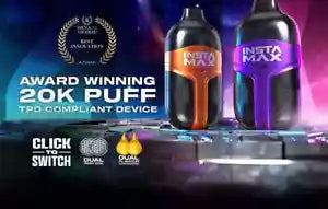 InstaFill InstaMax 20K Vape Pod – 20,000 Puffs, Rechargeable 800mAh Battery, Dual 2ml Tanks, 20mg Nic Salt, Dual Mesh Coil