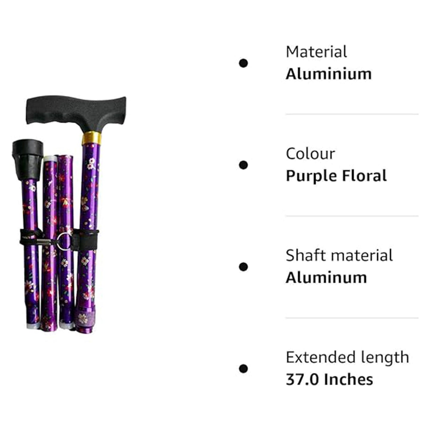 Deluxe Folding Compact 4-part Ladies Walking Stick, Stunning Floral Print with a Unique Ergonomic Easy-Grip Moulded Handle and Adjustable Height Walking Cane for Women - 32.5” – 37”