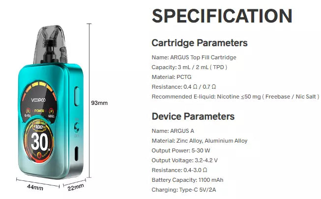 Voopoo Argus A Pod Vape Kit – 1100mAh Battery, 5-30W Adjustable Output, Stepless Airflow, Type-C Charging, OLED Display