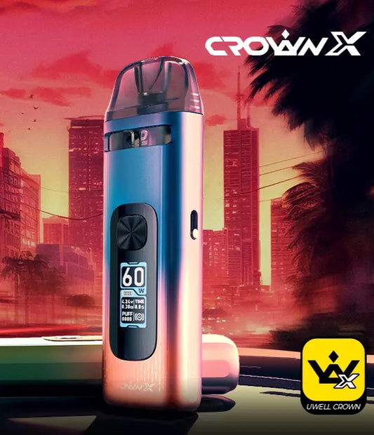 Uwell Crown X Pod Vape Kit – 1500mAh Battery, 60W Max Output, 2ml Capacity, Includes 0.3ohm & 0.6ohm Coils, Type-C Charging