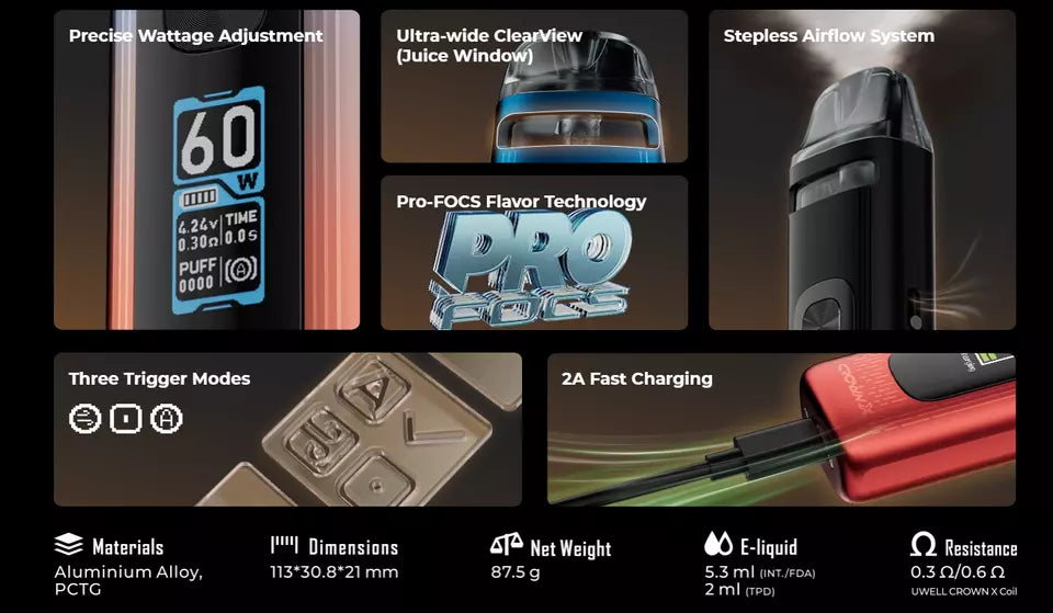 Uwell Crown X Pod Vape Kit – 1500mAh Battery, 60W Max Output, 2ml Capacity, Includes 0.3ohm & 0.6ohm Coils, Type-C Charging