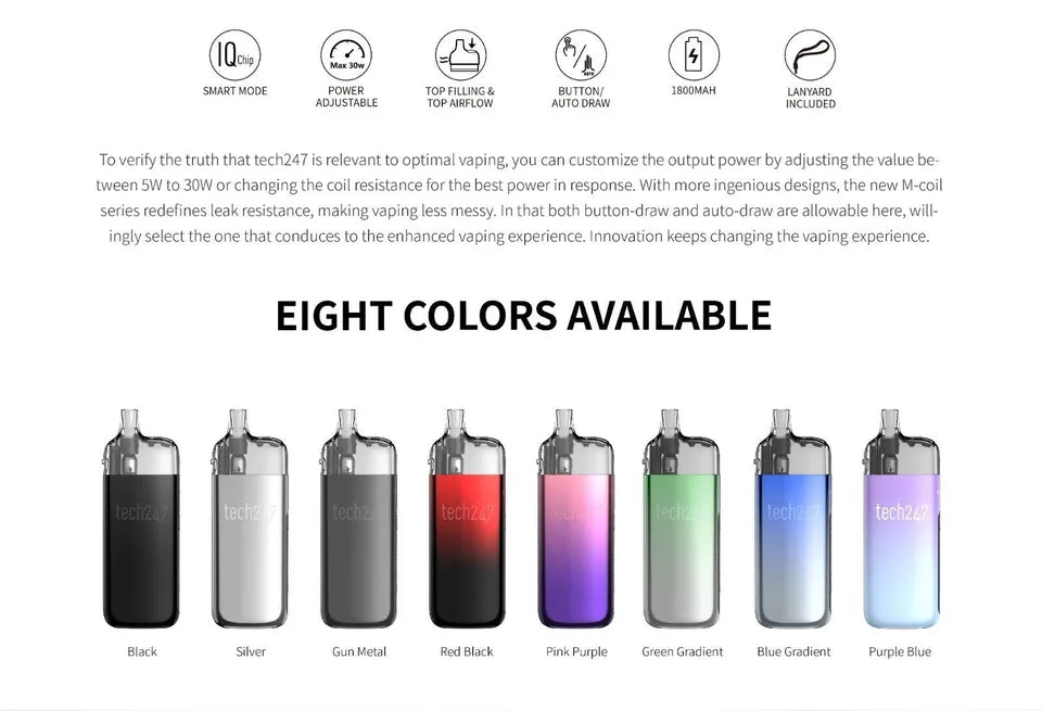 SMOK Tech 247 Pod Vape Kit 1800mAh 30W 2ML Replacement Coils Pods - UK