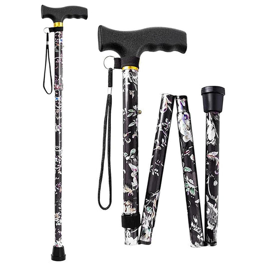 Easy Folding Walking Sticks for Ladies, Men - Floral Design Folding Extendable Walking Sticks for Men Disabled - Adjustable Height Lightweight Walking Canes for Women Collapsible Walking Stick
