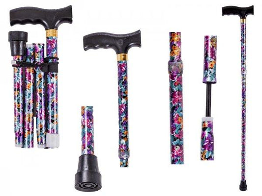 Folding Walking Stick, Unisex Purple Pattern - Patterned Walking Sticks