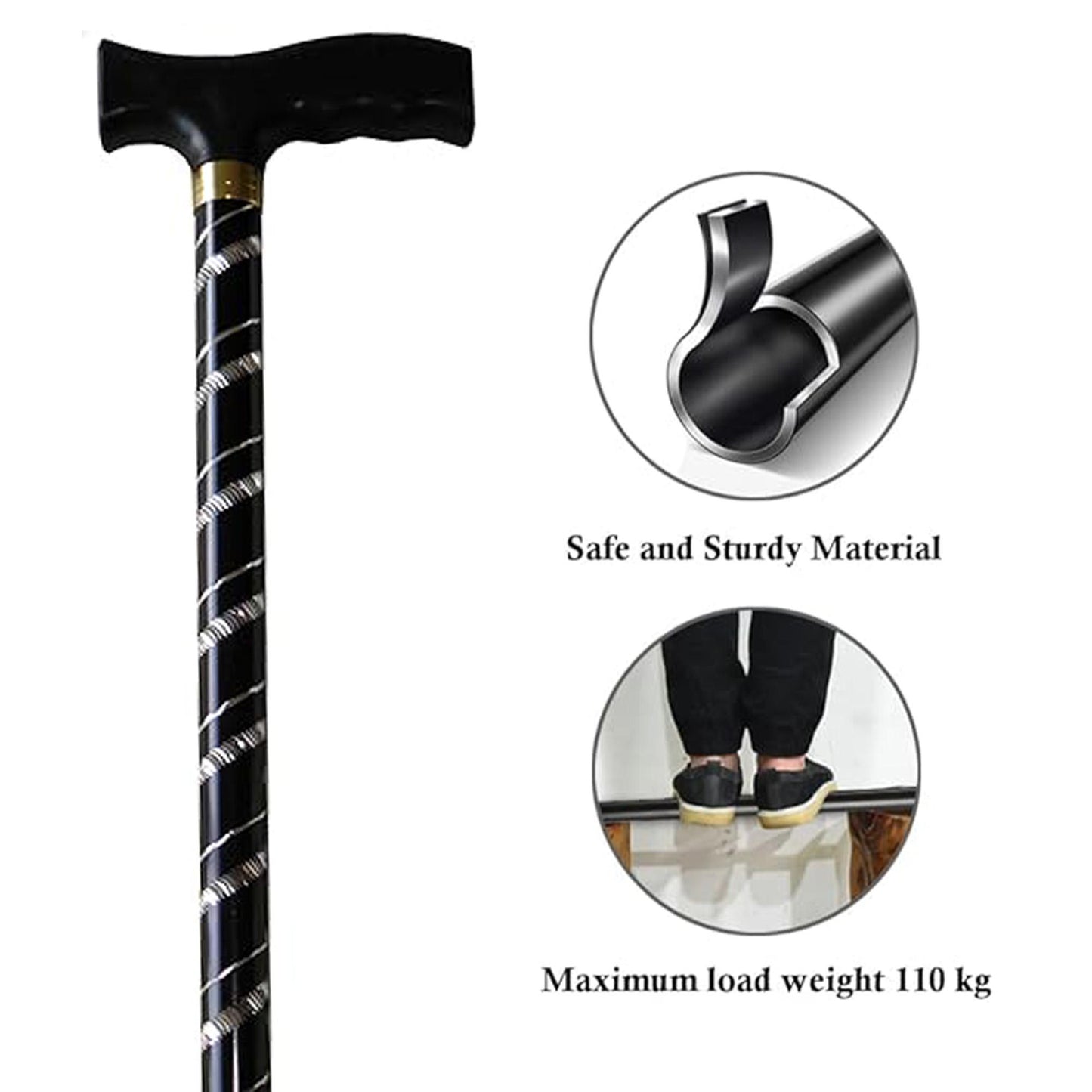 Deluxe Black with Silver Etched Engraved Flecked Stripes Pattern Ladies Adjustable Walking Stick Cane - Lightweight, Easily Adjustable And Retractable