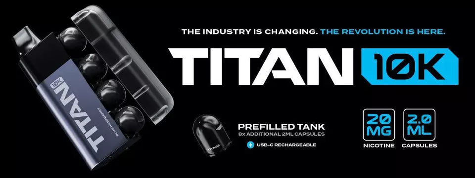 Titan 10K | Pre-Filled Pod Kit | 10,000 Puff | 20mg Nic Salt | 8x 2ml Fruits Flavours Titan 10K | Pre-Filled Pod Kit | 10,000 Puff | 20mg Nic Salt | 8x 2ml Fruits Flavours